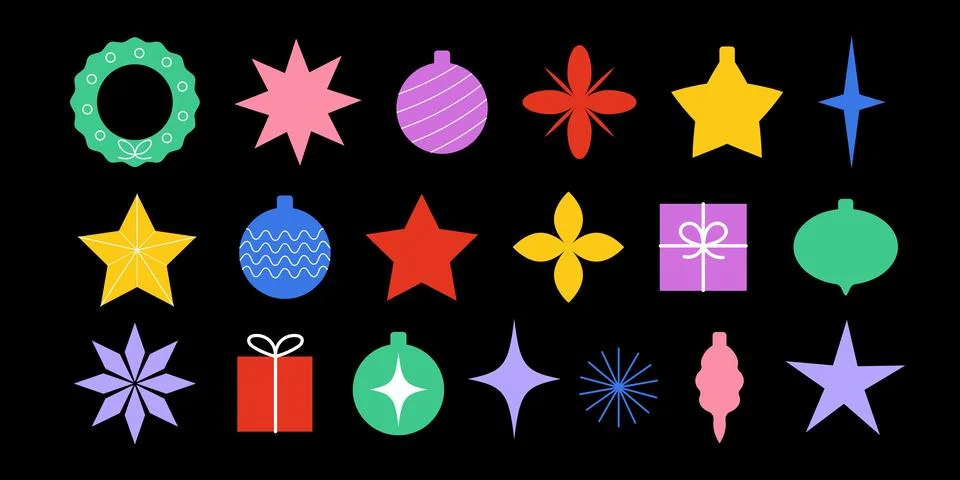 Set of minimalistic geometric Christmas elements in flat and Y2K style. Aesth 스톡 일러스트
