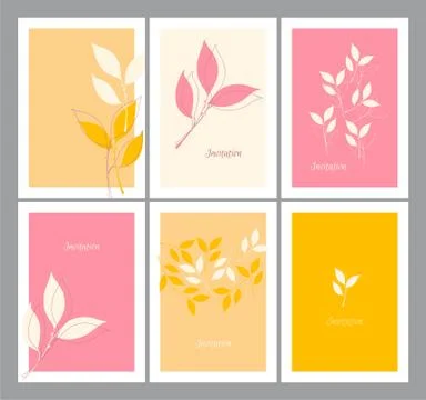 Set of minimalistic invitations. Vector foliage cards. Stock Illustration