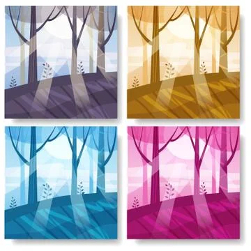Set of minimalistic landscape, spring, sea, trees, sun, flat, isolated, vector Illustrazione stock