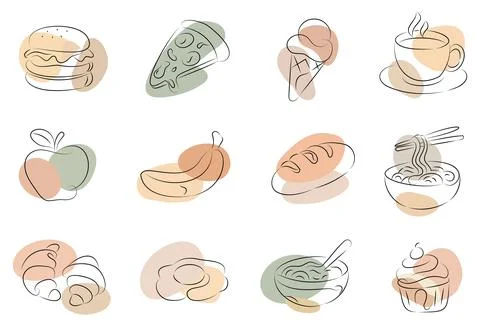 Set of Minimalistic line art of various foods and dishes Stock Illustration