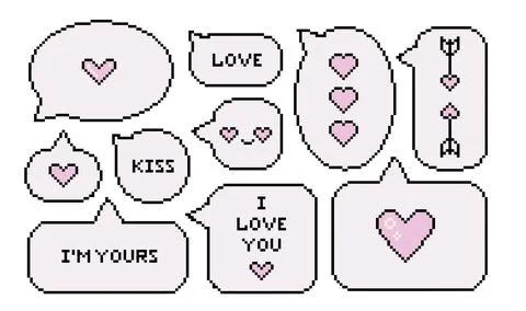Set of minimalistic pixel art dialogue boxes with heart, arrow, words. Speech Stock Illustration