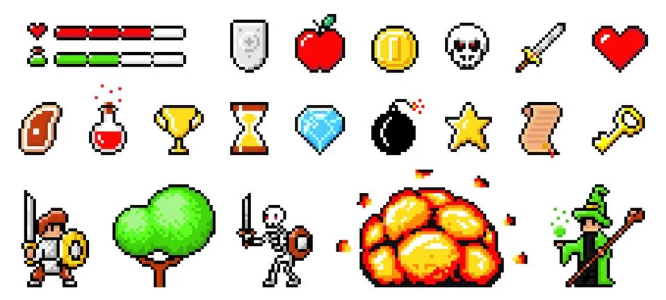 Set of minimalistic pixel art vector objects isolated. Pixel game. 8 bit UI Illustrazione stock