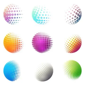 Set of minimalistic shapes. Halftone bright color spheres isolated on white Illustrazione stock