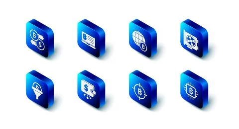 Set Mining bitcoin from laptop, Globe Bitcoin, Video graphic card, CPU mining Stock Illustration