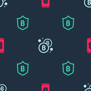 Set Mining bitcoin from mobile, Bitcoin and Shield with on seamless pattern Stock Illustration
