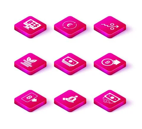 Set Mining bitcoin from mobile, Hand holding money bag, Dollar plant, Stacks Stock Illustration