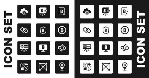 Set Mining bitcoin from tablet, Shield with, Chain link, Cryptocurrency cloud 스톡 일러스트