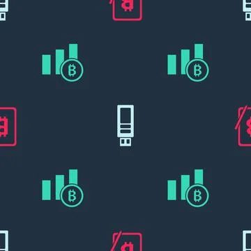 Set Mining bitcoin from tablet, USB flash drive and Pie chart infographic on 스톡 일러스트