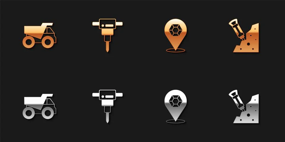 Set Mining dump truck, Construction jackhammer, Gem stone and  icon. Vector Stock Illustration