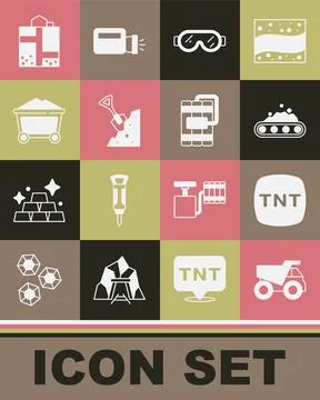 Set Mining dump truck, Dynamite, Conveyor belt carrying coal, Safety goggle Illustrazione stock