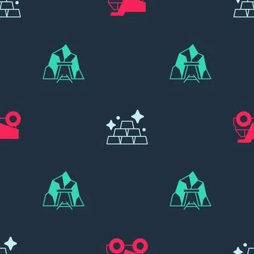 Set Mining dump truck, Gold bars and Mine entrance on seamless pattern. Vecto Stock Illustration