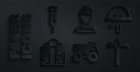 Set Mining dump truck Miner helmet entrance Pickaxe and Construction jackhamm Stock Illustration
