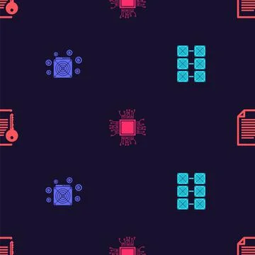 Set Mining farm, ASIC Miner, Processor and Smart contract on seamless pattern Stock Illustration