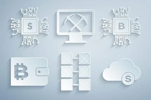 Set Mining farm, CPU mining, Cryptocurrency wallet, cloud, with monitor and 스톡 일러스트