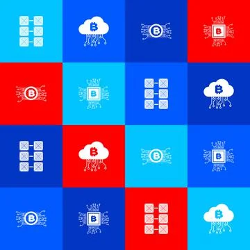 Set Mining farm, Cryptocurrency cloud mining, bitcoin circuit and CPU icon Illustrazione stock