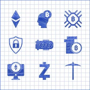 Set Mining farm, Cryptocurrency coin Zcash ZEC, Pickaxe, Bitcoin, Monitor and 스톡 일러스트