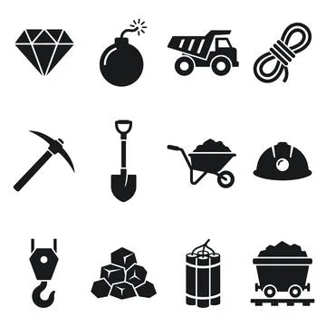 Set of mining industry icons including diamond, bomb, dump truck, rope, pic.. Stock Illustration