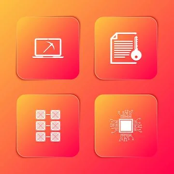 Set Mining with laptop and pickaxe, Smart contract, farm and Processor icon Illustrazione stock