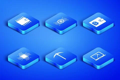 Set Mining with laptop and pickaxe, Cryptocurrency wallet, Pickaxe, Processor Stock Illustration
