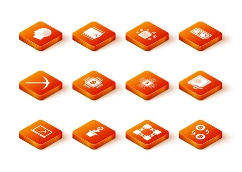 Set Mining with laptop and pickaxe, Bitcoin plant the pot, Pickaxe, Processor Stock Illustration