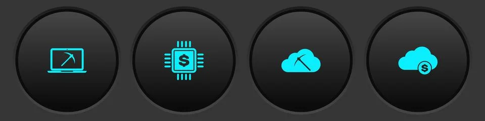 Set Mining with laptop and pickaxe, Processor chip dollar, Cryptocurrency cloud Illustrazione stock