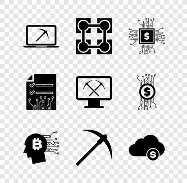 Set Mining with laptop and pickaxe, Blockchain technology, Processor chip d.. Stockillustratie