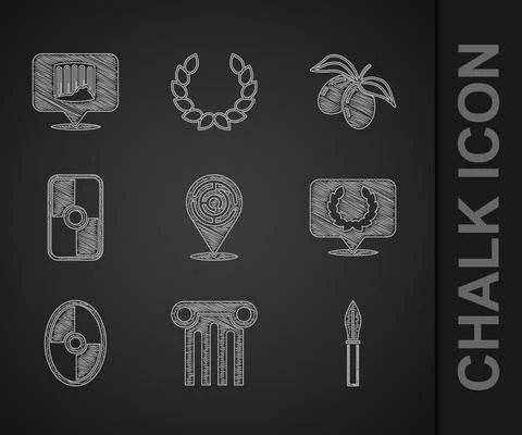 Set Minotaur labyrinth, Ancient column, Medieval spear, Laurel wreath, Greek Ilustración de archivo