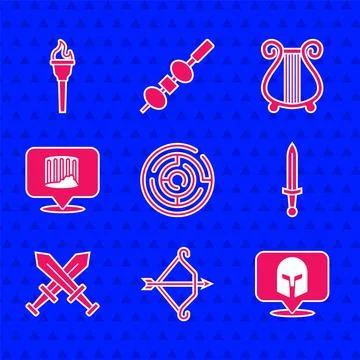 Set Minotaur labyrinth, Medieval bow with arrow, Greek helmet, sword, Crossed Ilustración de archivo