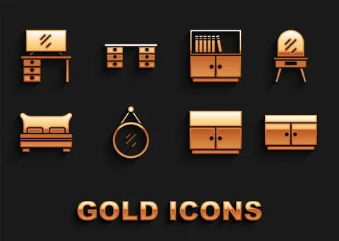 Set Mirror, Dressing table, Chest of drawers, Wardrobe, Big bed, Library bo.. Illustrazione stock