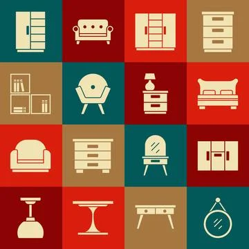 Set Mirror, Wardrobe, Big bed, Armchair, Shelf with books,  and Furniture n.. Stock Illustration