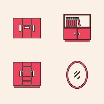 Set Mirror, Wardrobe, Library bookshelf and  icon. Vector Stock Illustration
