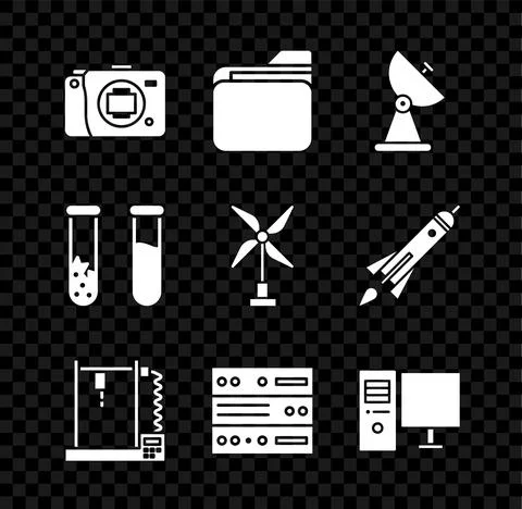 Set Mirrorless camera, Document folder, Radar, 3D printer, Server, Data, Web Stock Illustration