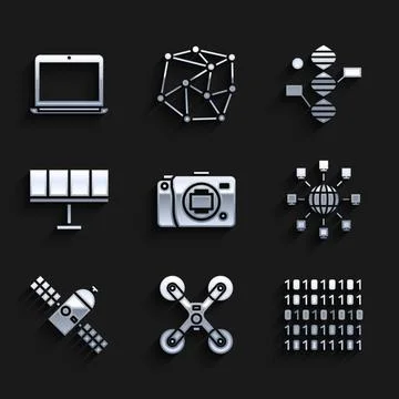Set Mirrorless camera, Drone flying, Binary code, Social network, Satellite Stock Illustration