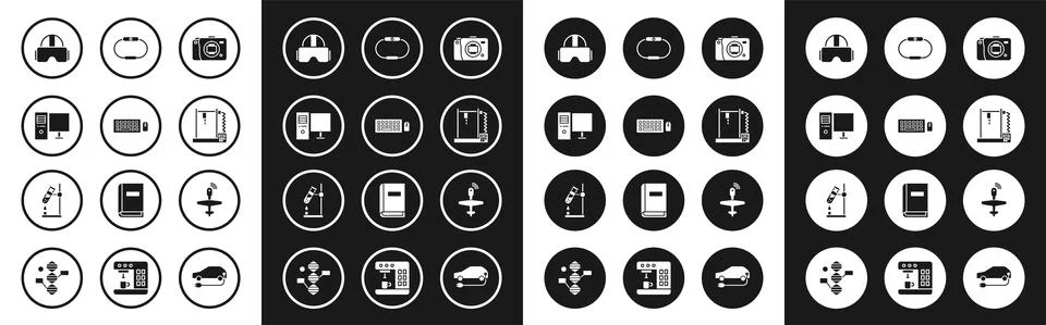 Set Mirrorless camera, Keyboard and mouse, Computer monitor, Virtual reality Stock Illustration