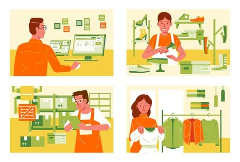 Set of miscellaneous work in different workplace, employee at office, shoes m Stock Illustration