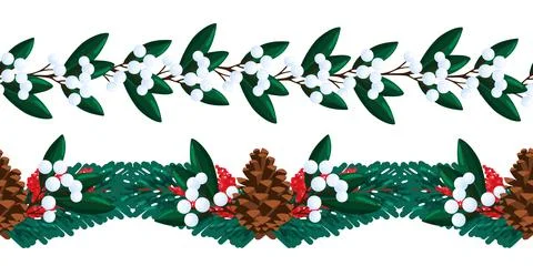 Set of Mistletoe and Pine Cones Seamless Borders Stock Illustration