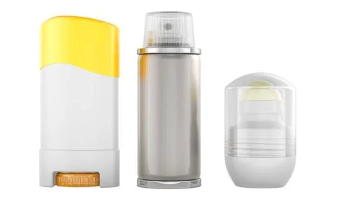 Set mit Deodorants. Deo-Stick, festes Antitranspirant-Deodorant, Deoroller... 스톡 사진