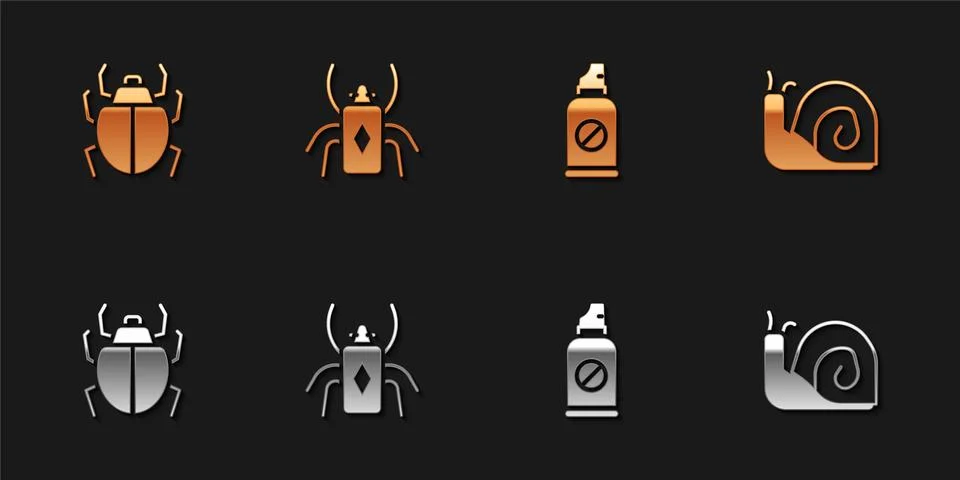 Set Mite, Beetle bug, Spray against insects and Snail icon. Vector Stock Illustration