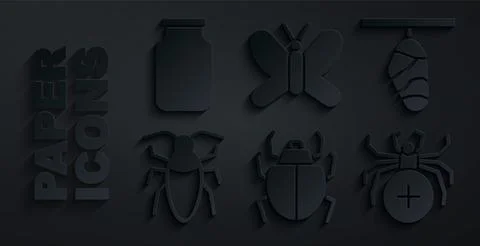 Set Mite, Butterfly cocoon, Cockroach, Spider, and Glass jar icon. Vector Stock Illustration