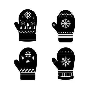 Set of mittens, gloves with snowflake pattern, outline, black silhouette. I.. Stock Illustration