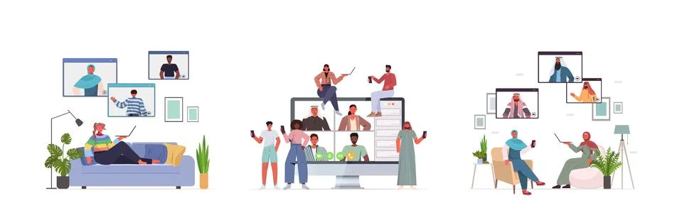 Set mix race people chatting during video call with friends online conference Stock Illustration