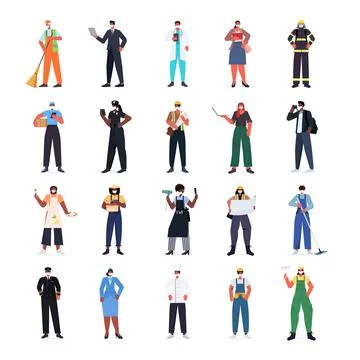 Set mix race people of different occupations wearing masks to prevent Stock Illustration