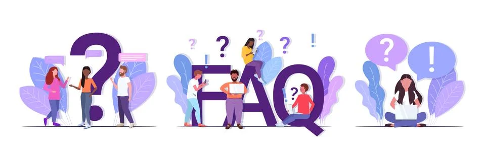 Set mix race people with question exclamation marks using digital devices online Stock Illustration