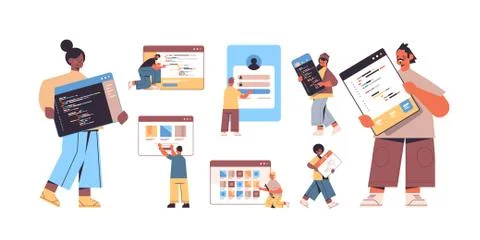 Set mix race web developers creating program code application development Stock Illustration