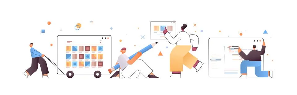 Set mix race web developers team creating program code development of software Stock Illustration