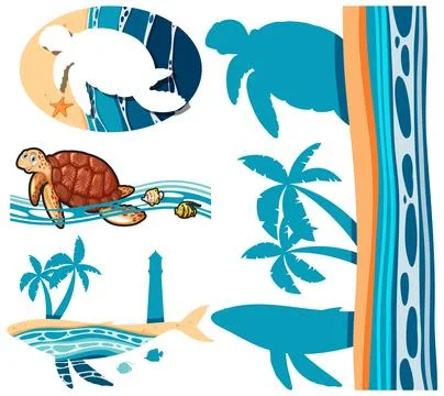 Set of mix sea object Stock Illustration