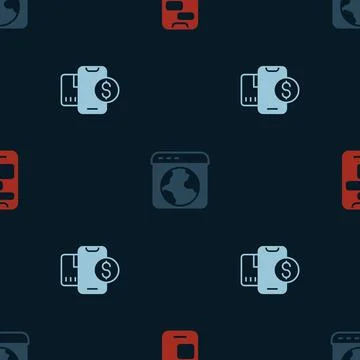 Set Mobile 24 hours support, Worldwide and with dollar on seamless pattern Stock Illustration