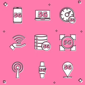 Set Mobile with 5G network, Laptop, Digital speed meter, Server, Antenna and Stock Illustration