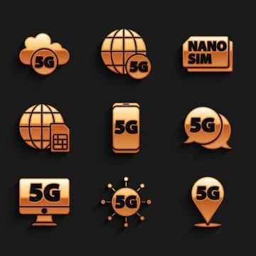 Set Mobile with 5G network, Location, Monitor, Globe Sim Card, Nano and Cloud Illustrazione stock