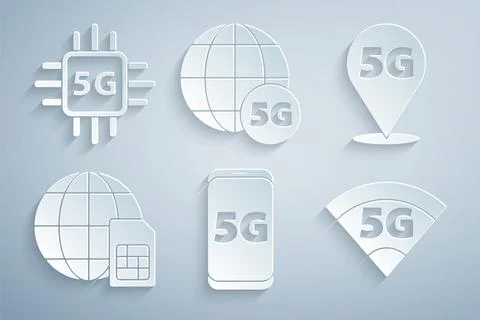Set Mobile with 5G network, Location, Globe Sim Card, and Processor icon. Vector Stock Illustration